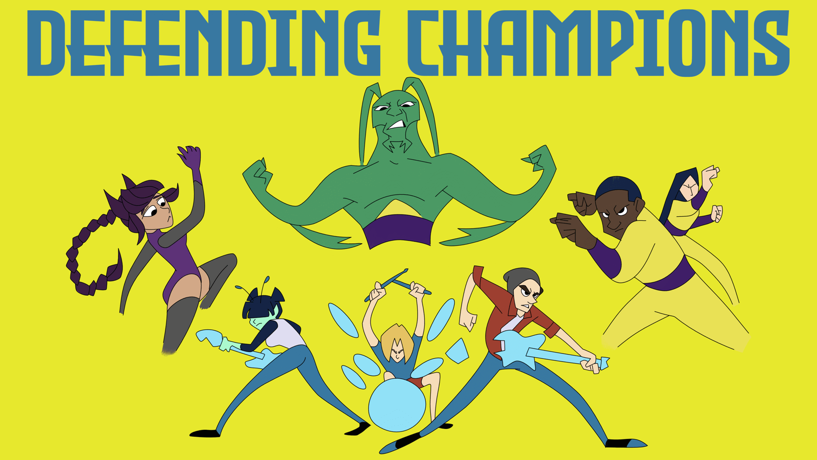 Banner showing the characters from the animated series "Defending Champions" in various action poses.